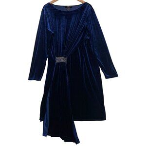 Midnight Velvet Womens Midi Dress Long Sleeve Sz 20W Navy Blue Rhinestone Buckle